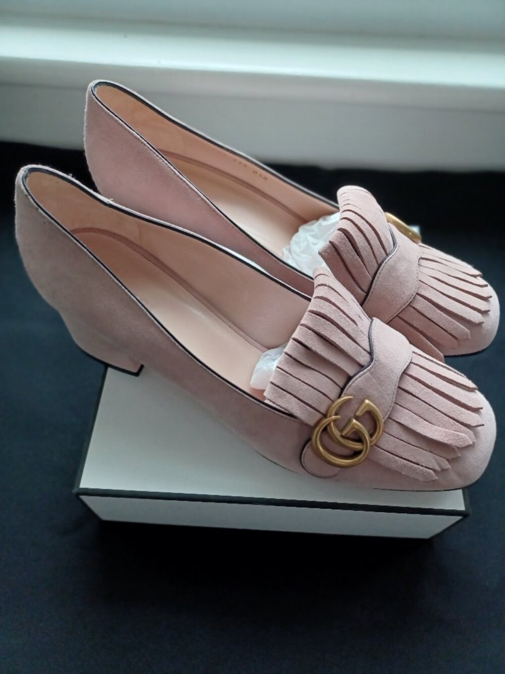 Authentic Gucci Marmont loafers in pink suede with gold GG logo